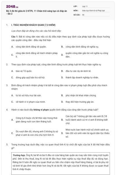 Bộ 3 đề thi giữa kì 2 KTPL 11 Chân trời sáng tạo có đáp án - Đề 2