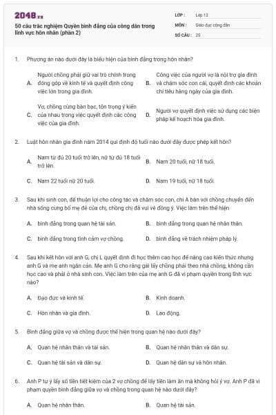 50 câu trắc nghiệm Quyền bình đẳng của công dân trong lĩnh vực hôn nhân (phần 2)