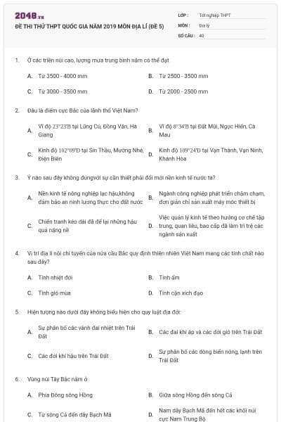 ĐỀ THI THỬ THPT QUỐC GIA NĂM 2019 MÔN ĐỊA LÍ (ĐỀ 5)