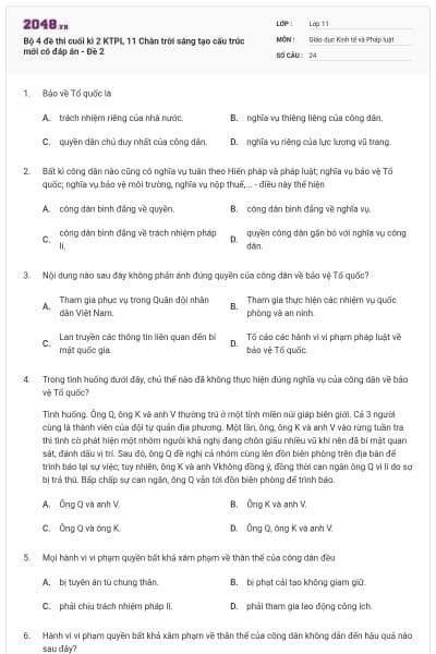 Bộ 4 đề thi cuối kì 2 KTPL 11 Chân trời sáng tạo cấu trúc mới có đáp án - Đề 2