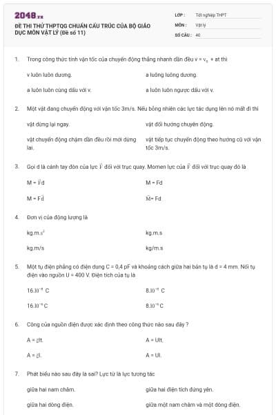 ĐỀ THI THỬ THPTQG CHUẨN CẤU TRÚC CỦA BỘ GIÁO DỤC MÔN VẬT LÝ (Đề số 11)