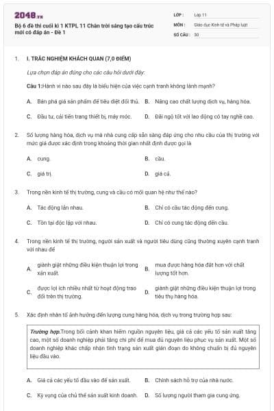 Bộ 6 đề thi cuối kì 1 KTPL 11 Chân trời sáng tạo cấu trúc mới có đáp án - Đề 1