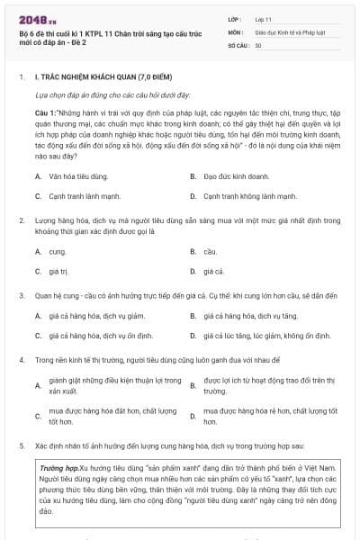 Bộ 6 đề thi cuối kì 1 KTPL 11 Chân trời sáng tạo cấu trúc mới có đáp án - Đề 2