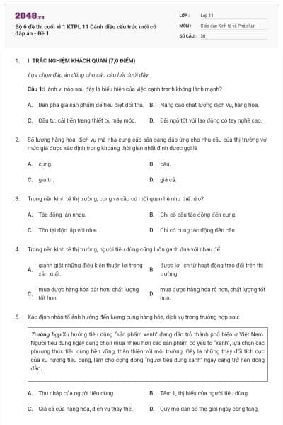 Bộ 6 đề thi cuối kì 1 KTPL 11 Cánh diều cấu trúc mới có đáp án - Đề 1