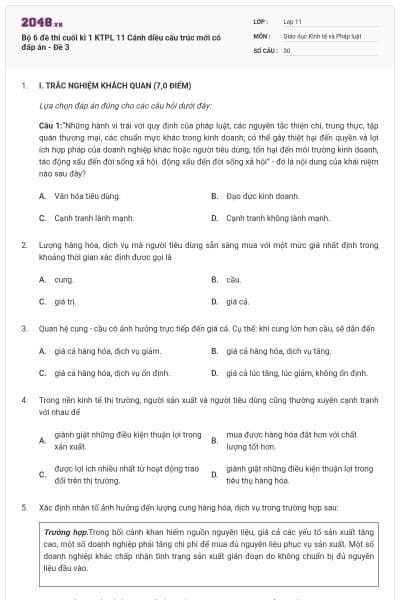 Bộ 6 đề thi cuối kì 1 KTPL 11 Cánh diều cấu trúc mới có đáp án - Đề 3