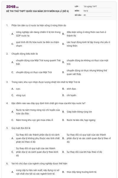 ĐỀ THI THỬ THPT QUỐC GIA NĂM 2019 MÔN ĐỊA LÍ (ĐỀ 6)