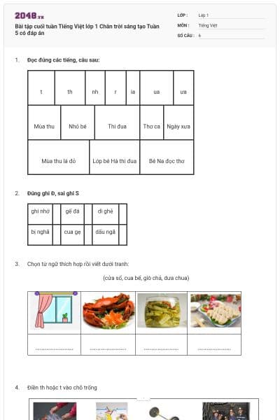 Bài tập cuối tuần Tiếng Việt lớp 1 Chân trời sáng tạo Tuần 5 có đáp án
