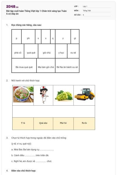 Bài tập cuối tuần Tiếng Việt lớp 1 Chân trời sáng tạo Tuần 6 có đáp án