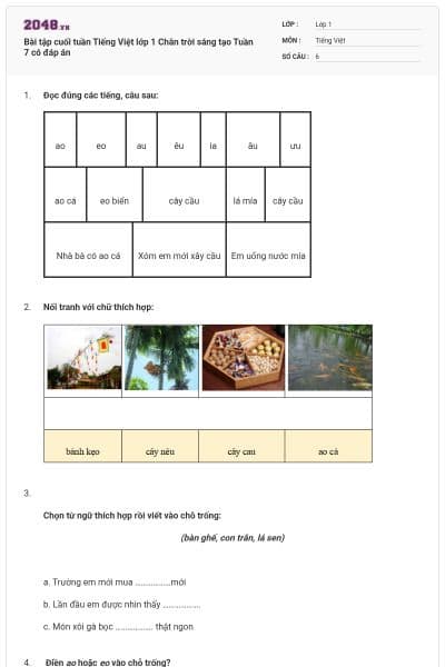 Bài tập cuối tuần Tiếng Việt lớp 1 Chân trời sáng tạo Tuần 7 có đáp án