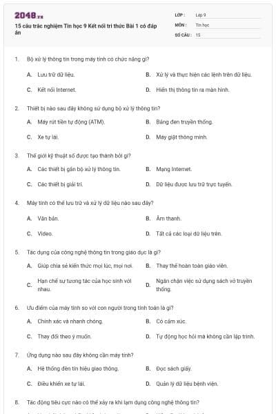 15 câu trắc nghiệm Tin học 9 Kết nối tri thức Bài 1 có đáp án