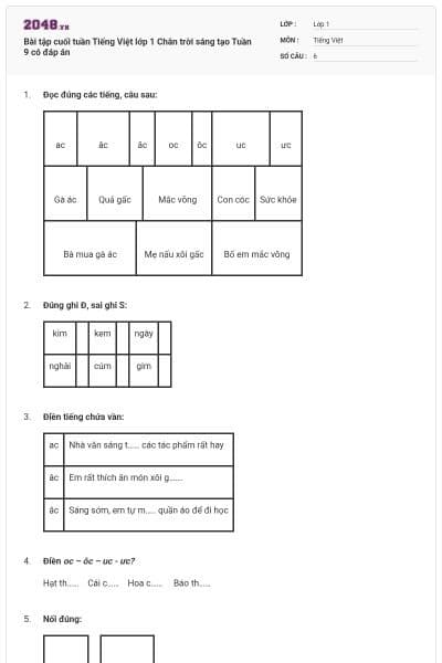Bài tập cuối tuần Tiếng Việt lớp 1 Chân trời sáng tạo Tuần 9 có đáp án