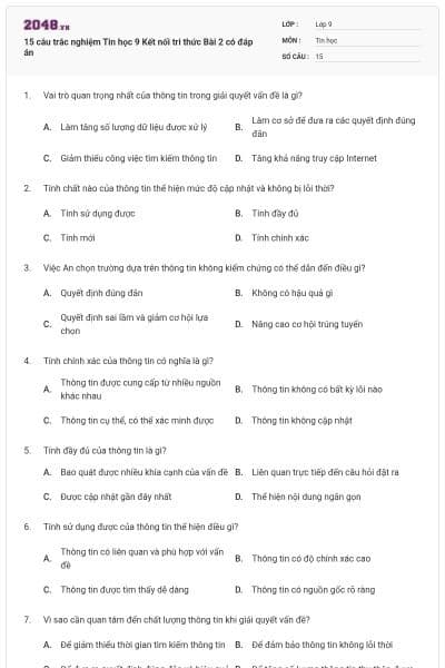 15 câu trắc nghiệm Tin học 9 Kết nối tri thức Bài 2 có đáp án