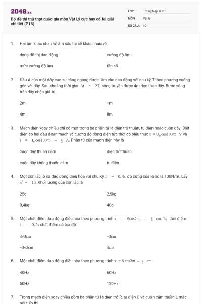 Bộ đề thi thử thpt quốc gia môn Vật Lý cực hay có lời giải chi tiết (P18)