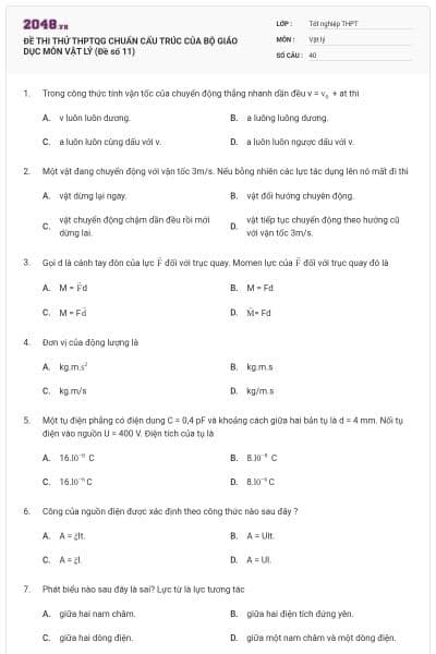 ĐỀ THI THỬ THPTQG CHUẨN CẤU TRÚC CỦA BỘ GIÁO DỤC MÔN VẬT LÝ (Đề số 11)