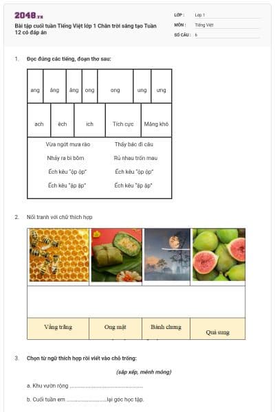 Bài tập cuối tuần Tiếng Việt lớp 1 Chân trời sáng tạo Tuần 12 có đáp án