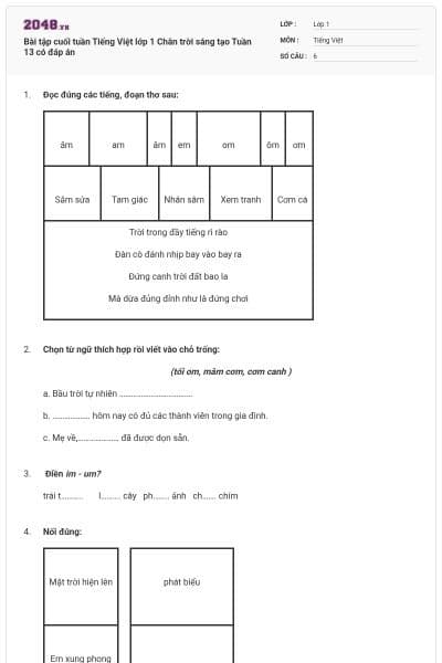 Bài tập cuối tuần Tiếng Việt lớp 1 Chân trời sáng tạo Tuần 13 có đáp án