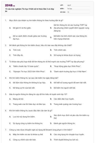 15 câu trắc nghiệm Tin học 9 Kết nối tri thức Bài 3 có đáp án