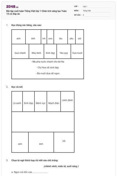 Bài tập cuối tuần Tiếng Việt lớp 1 Chân trời sáng tạo Tuần 15 có đáp án