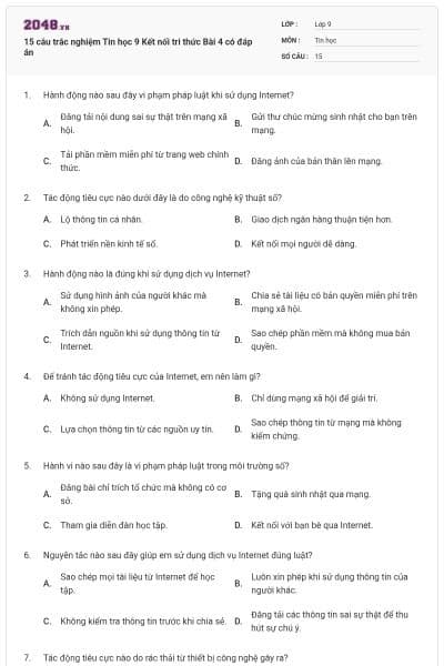15 câu trắc nghiệm Tin học 9 Kết nối tri thức Bài 4 có đáp án