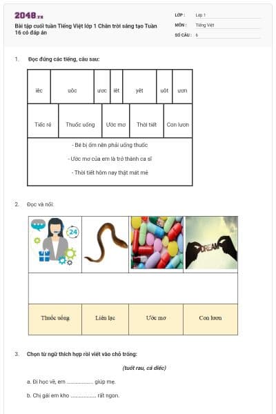 Bài tập cuối tuần Tiếng Việt lớp 1 Chân trời sáng tạo Tuần 16 có đáp án