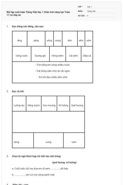 Bài tập cuối tuần Tiếng Việt lớp 1 Chân trời sáng tạo Tuần 17 có đáp án