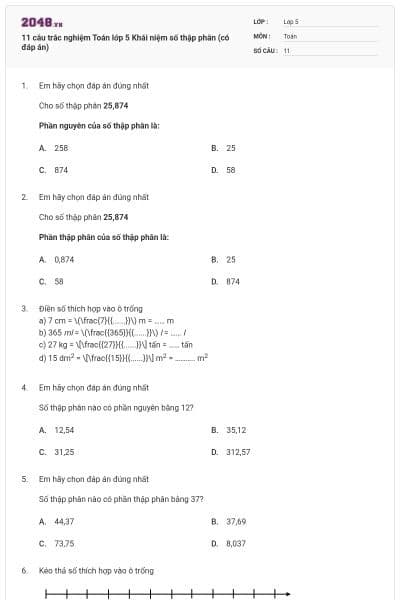 11 câu trắc nghiệm Toán lớp 5 Khái niệm số thập phân (có đáp án)