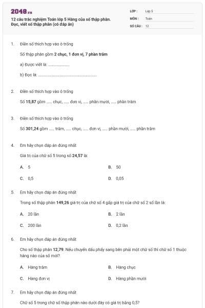 12 câu trắc nghiệm Toán lớp 5 Hàng của số thập phân. Đọc, viết số thập phân (có đáp án)