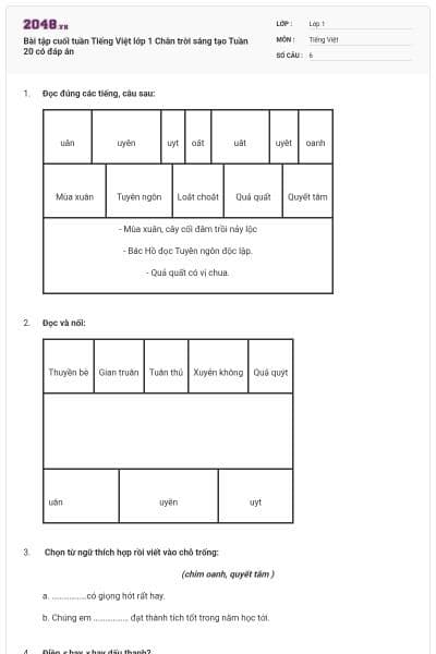 Bài tập cuối tuần Tiếng Việt lớp 1 Chân trời sáng tạo Tuần 20 có đáp án