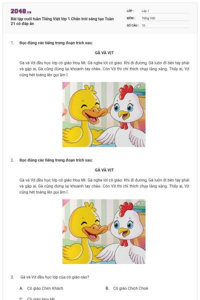 Bài tập cuối tuần Tiếng Việt lớp 1 Chân trời sáng tạo Tuần 21 có đáp án