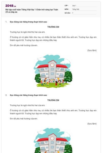 Bài tập cuối tuần Tiếng Việt lớp 1 Chân trời sáng tạo Tuần 29 có đáp án