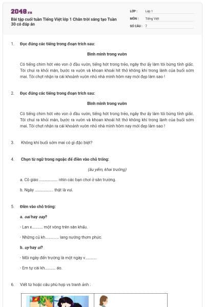 Bài tập cuối tuần Tiếng Việt lớp 1 Chân trời sáng tạo Tuần 30 có đáp án