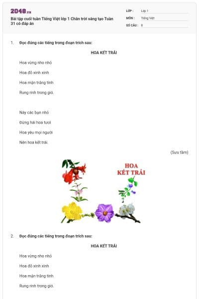 Bài tập cuối tuần Tiếng Việt lớp 1 Chân trời sáng tạo Tuần 31 có đáp án