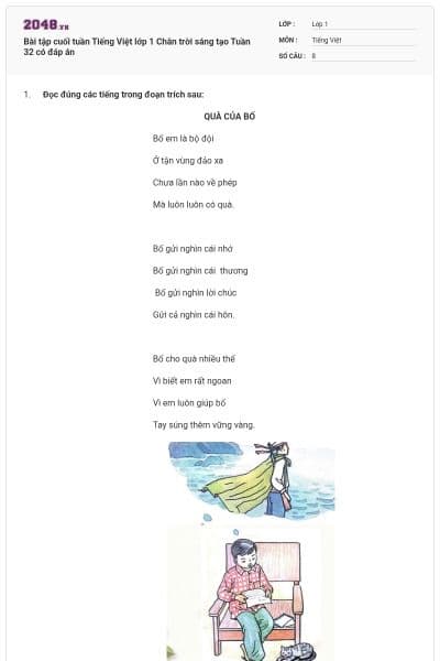 Bài tập cuối tuần Tiếng Việt lớp 1 Chân trời sáng tạo Tuần 32 có đáp án