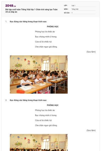 Bài tập cuối tuần Tiếng Việt lớp 1 Chân trời sáng tạo Tuần 34 có đáp án