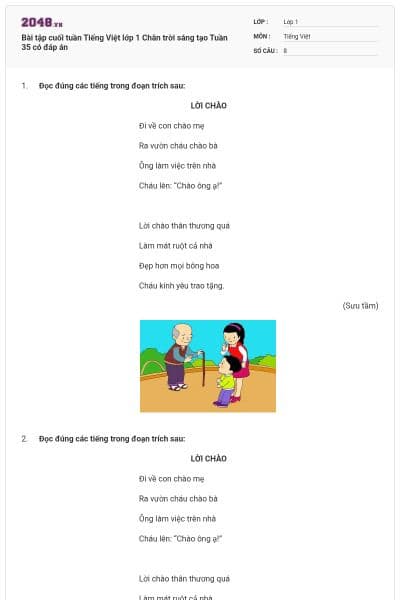 Bài tập cuối tuần Tiếng Việt lớp 1 Chân trời sáng tạo Tuần 35 có đáp án