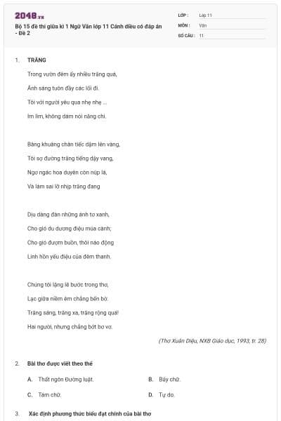 Bộ 15 đề thi giữa kì 1 Ngữ Văn lớp 11 Cánh diều có đáp án - Đề 2