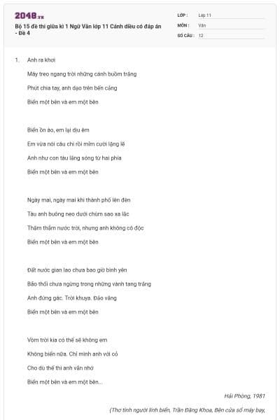 Bộ 15 đề thi giữa kì 1 Ngữ Văn lớp 11 Cánh diều có đáp án - Đề 4