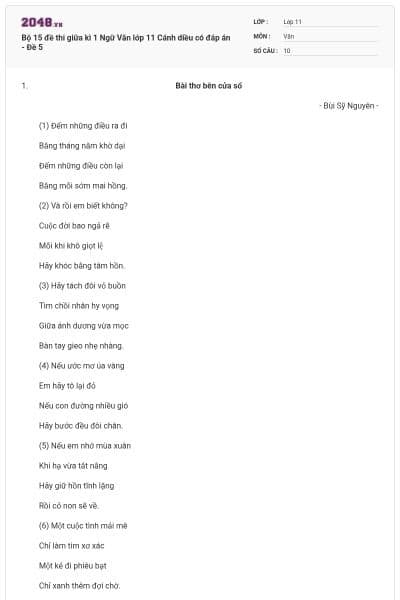 Bộ 15 đề thi giữa kì 1 Ngữ Văn lớp 11 Cánh diều có đáp án - Đề 5