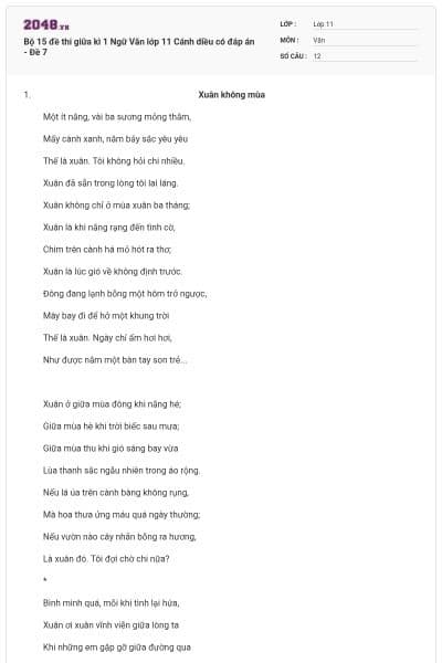 Bộ 15 đề thi giữa kì 1 Ngữ Văn lớp 11 Cánh diều có đáp án - Đề 7