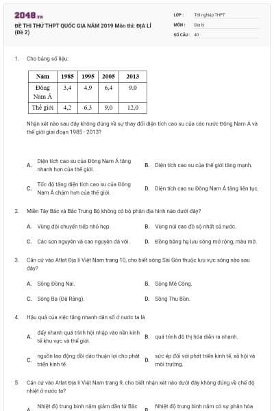 ĐỀ THI THỬ THPT QUỐC GIA NĂM 2019 Môn thi: ĐỊA LÍ (Đề 2)