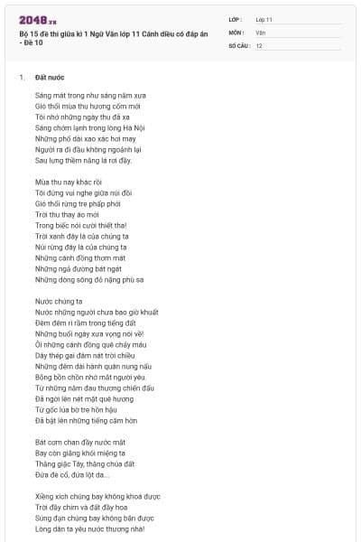 Bộ 15 đề thi giữa kì 1 Ngữ Văn lớp 11 Cánh diều có đáp án - Đề 10
