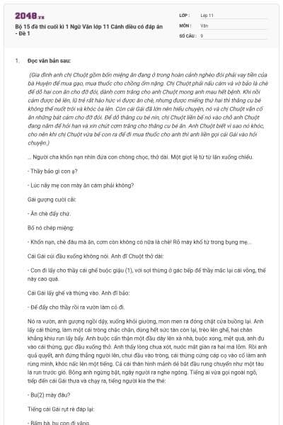 Bộ 15 đề thi cuối kì 1 Ngữ Văn lớp 11 Cánh diều có đáp án - Đề 1