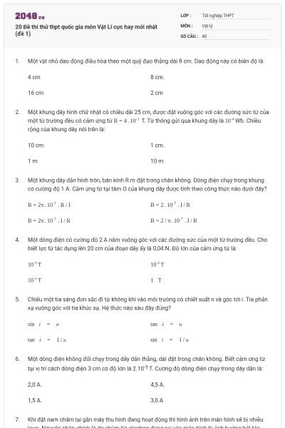 20 Đề thi thử thpt quốc gia môn Vật Lí cực hay mới nhất (đề 1)