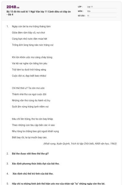 Bộ 15 đề thi cuối kì 1 Ngữ Văn lớp 11 Cánh diều có đáp án - Đề 4