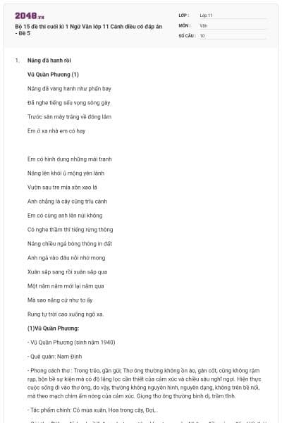 Bộ 15 đề thi cuối kì 1 Ngữ Văn lớp 11 Cánh diều có đáp án - Đề 5