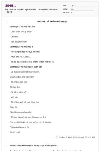 Bộ 15 đề thi cuối kì 1 Ngữ Văn lớp 11 Cánh diều có đáp án - Đề 10