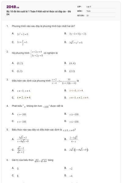 Bộ 10 đề thi cuối kì 1 Toán 9 Kết nối tri thức có đáp án - Đề 04