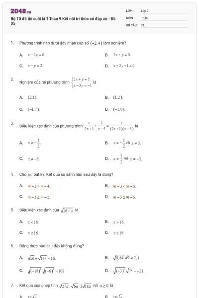 Bộ 10 đề thi cuối kì 1 Toán 9 Kết nối tri thức có đáp án - Đề 05