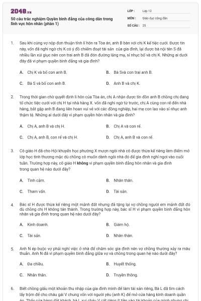 50 câu trắc nghiệm Quyền bình đẳng của công dân trong lĩnh vực hôn nhân (phần 1)