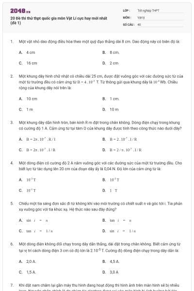 20 Đề thi thử thpt quốc gia môn Vật Lí cực hay mới nhất (đề 1)